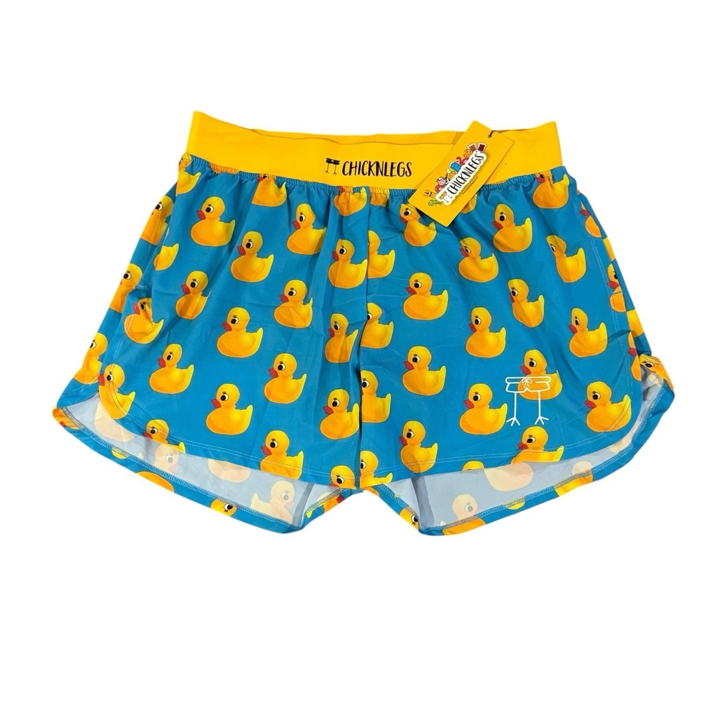 Chicknlegs NEW Men's Large Blue/Yellow Rubber Ducky 4" Half Split Running Shorts